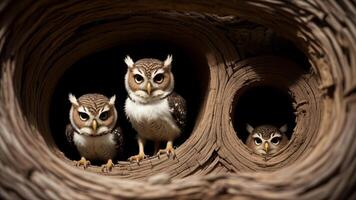 Curious two baby owls inside tree hole nest peeking out of the hole. AI Generated photo