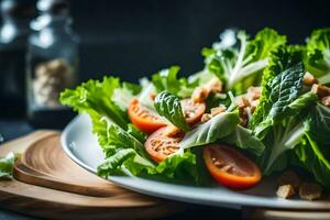 el cámara ampliado en en un César ensalada, y en el distancia, allí estaba un borroso imagen de un frio herrero taller ai generado foto