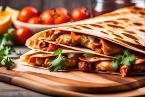A picture of a Chicken Quesadilla taken close in a well lit studio photo