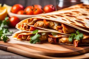 A picture of a Chicken Quesadilla taken close in a well lit studio AI Generated photo