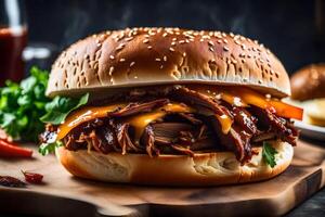 A pulled pork sandwich with cheese and vegetables photo