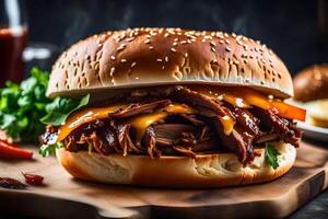 The main thought is a picture of a very tasty BBQ Pulled Pork Sandwich with a vibrant background taken in a special room for photos AI Generated