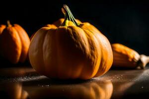 el cámara es ampliado en en un nuez calabaza, cuales es en agudo atención el squash es metido en contra un oscuro antecedentes en un estudio ai generado foto