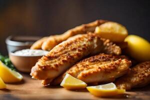 This picture is a close up of some chicken tenders The background is a brightly lit studio AI Generated photo