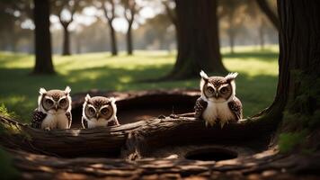 Curious two baby owls inside tree hole nest peeking out of the hole. photo