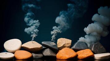 resumen mínimo concepto. oscuro antecedentes con natural granito piedras podio en agua y fumar circundante. ai generado foto