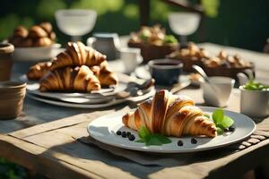 There is a plate with delicious French croissants on a nice table outside of a bistro AI Generated photo