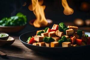 A dish called Tofu Stir Fry is shown in the picture, but the background is blurry photo