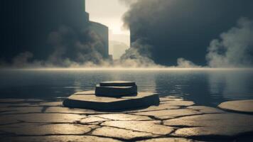 Abstract minimal concept. Dark background with natural granite stones podium on water and smoke surrounding. photo