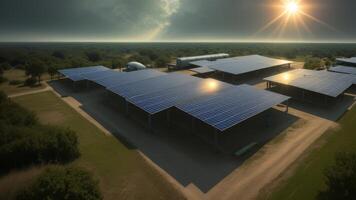 Solar power station with solar panels for producing electric power energy by green power. photo
