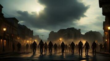 Apocalypse fantasy scene group of zombie walking. Halloween concept. AI Generated photo