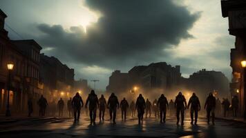 Apocalypse fantasy scene group of zombie walking. Halloween concept. photo