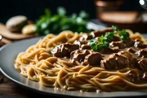 A close up picture of Beef Stroganoff with a beautiful blurry background AI Generated photo