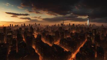 futuristic city skyline with advanced technology and towering skyscrapers. photo