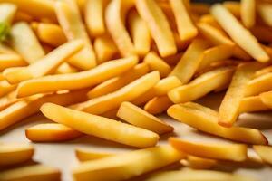 The picture shows a close up of some French fries They are against a bright background in a studio Creative resource, AI Generated photo