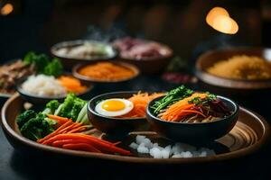 el cámara es consiguiendo cerca a bibimbap, un popular coreano plato el espalda zona mira poco claro o difícil a ver ai generado foto