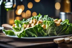 el cámara movido cerca a un César ensalada, y en el fondo, allí estaba un borroso imagen de un bonito herrero taller ai generado foto