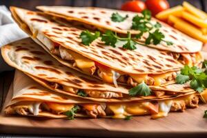 un cerca arriba imagen de un pollo Quesadilla con un muy brillante antecedentes tomado en un foto estudio ai generado