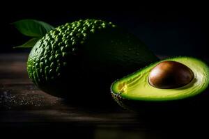 The camera zooms in on an Avocado fruit that is easy to see in front of a dark background in the studio AI Generated photo