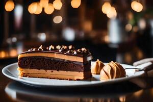 Zoom in on Chocotorta with a pretty restaurant in the background photo