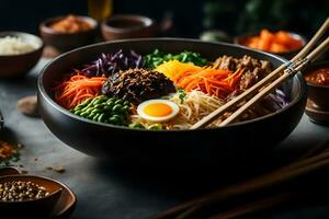 The camera is moving closer to Bibimbap, which is a famous food from Korea The space behind is not easily visible or hard to see AI Generated photo