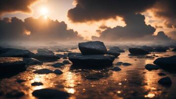 Abstract minimal concept. Dark background with natural granite stones podium on water and smoke surrounding. photo