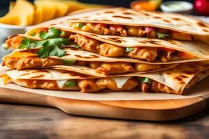 Close up picture of a Chicken Quesadilla with a brightly lit background in a studio AI Generated photo