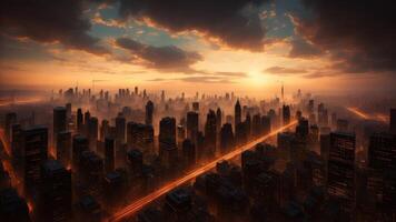 futuristic city skyline with advanced technology and towering skyscrapers. photo