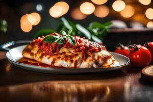 This text talks about a picture of a well liked dish called Chicken Parmesan This picture is a zoomed in view of a plate The area behind it is not clear, but it looks very nice photo