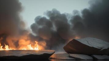 Abstract minimal concept. Dark background with natural granite stones podium on water and smoke surrounding. photo