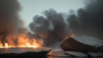 Abstract minimal concept. Dark background with natural granite stones podium on water and smoke surrounding. AI Generated photo