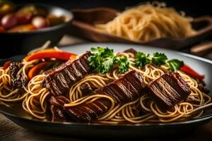 This picture is mainly about a yummy dish called Beef and Noodle Stir Fry The picture has a slightly blurry and well lit background AI Generated photo