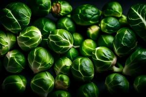 A zoomed in photograph of Brussels sprouts taken in a studio with a dark background AI Generated photo