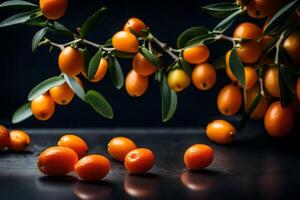 Macro photography is when we zoom in really close on Kumquats, while they are against a dark background in a studio photo