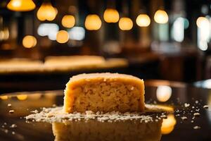 Zoom in on Semolina Halva, with a lovely restaurant in the background AI Generated photo