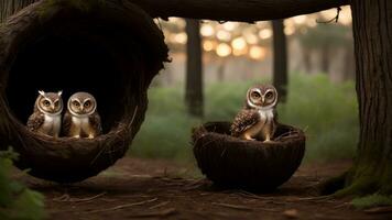 Curious two baby owls inside tree hole nest peeking out of the hole. AI Generated photo