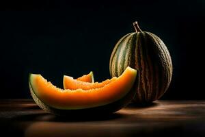 el cámara se mueve cerca a un Cantalupo fruta, cuales es en frente de un oscuro antecedentes en un estudio ai generado foto