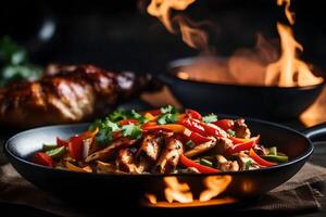 The camera is focusing on a Chicken Fajita Bowl, but the background of an oven looks blurry photo