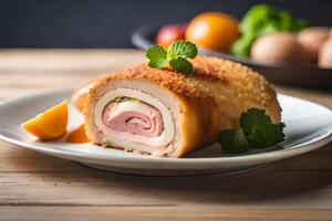 The camera is zoomed in on Chicken Cordon Bleu, with a bright light in the background of the studio AI Generated photo