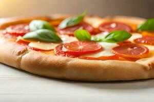 Big focus on a Margherita Pizza, with a bright light studio background AI Generated photo