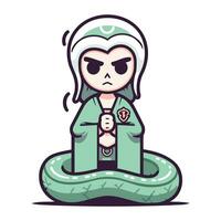 ilustración de un dibujos animados mujer en un verde túnica con un serpiente vector