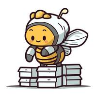 Cute little bee with stack of books. Cartoon vector illustration.