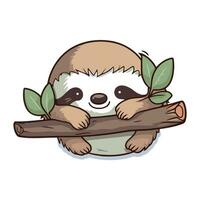 Cute cartoon sloth on a tree branch. Vector illustration.