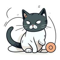 Cute cartoon cat sitting and playing with ball. Vector illustration.