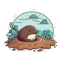 Cute cartoon sea otter in a hole. Vector illustration.