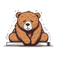 Cute brown bear sitting on a wooden table. Vector illustration.