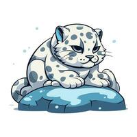 Snow leopard sitting on rock. Cute cartoon vector illustration.