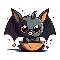 Cute cartoon bat in a bowl. Vector illustration on white background.