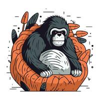 Gorilla sitting in a basket. Vector illustration in cartoon style.