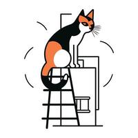 gato en pie en el escalera de tijera. vector ilustración en plano estilo